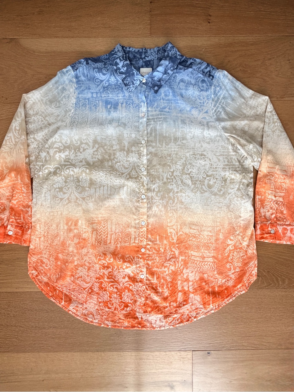 Chico's Ombre Damask Tile Print Button Shirt Top Blue Orange Sz 3/XL Lightweight